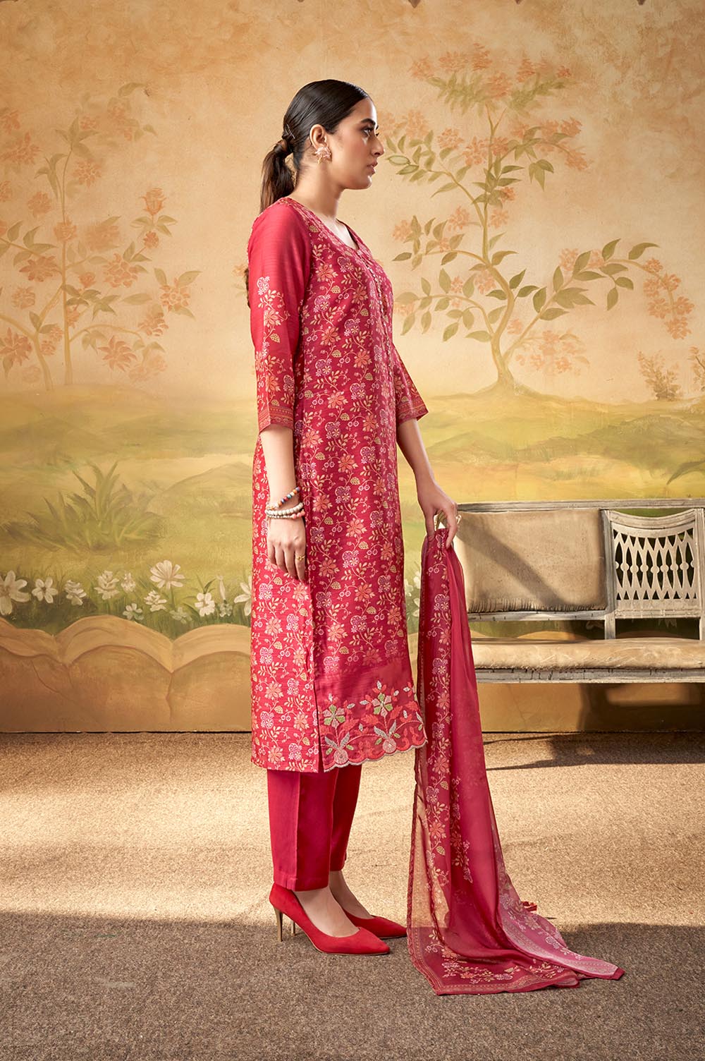 Maroon Floral Embroidered Kurta Set and Dupatta