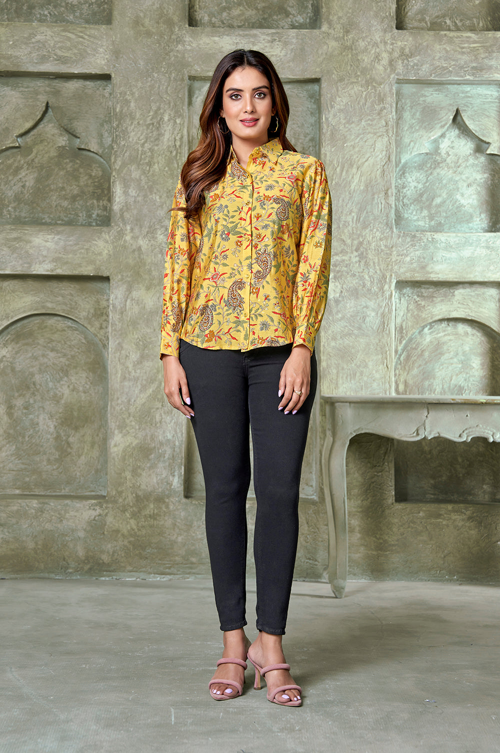 Yellow Paisley Ethnic Print Chanderi Shirt