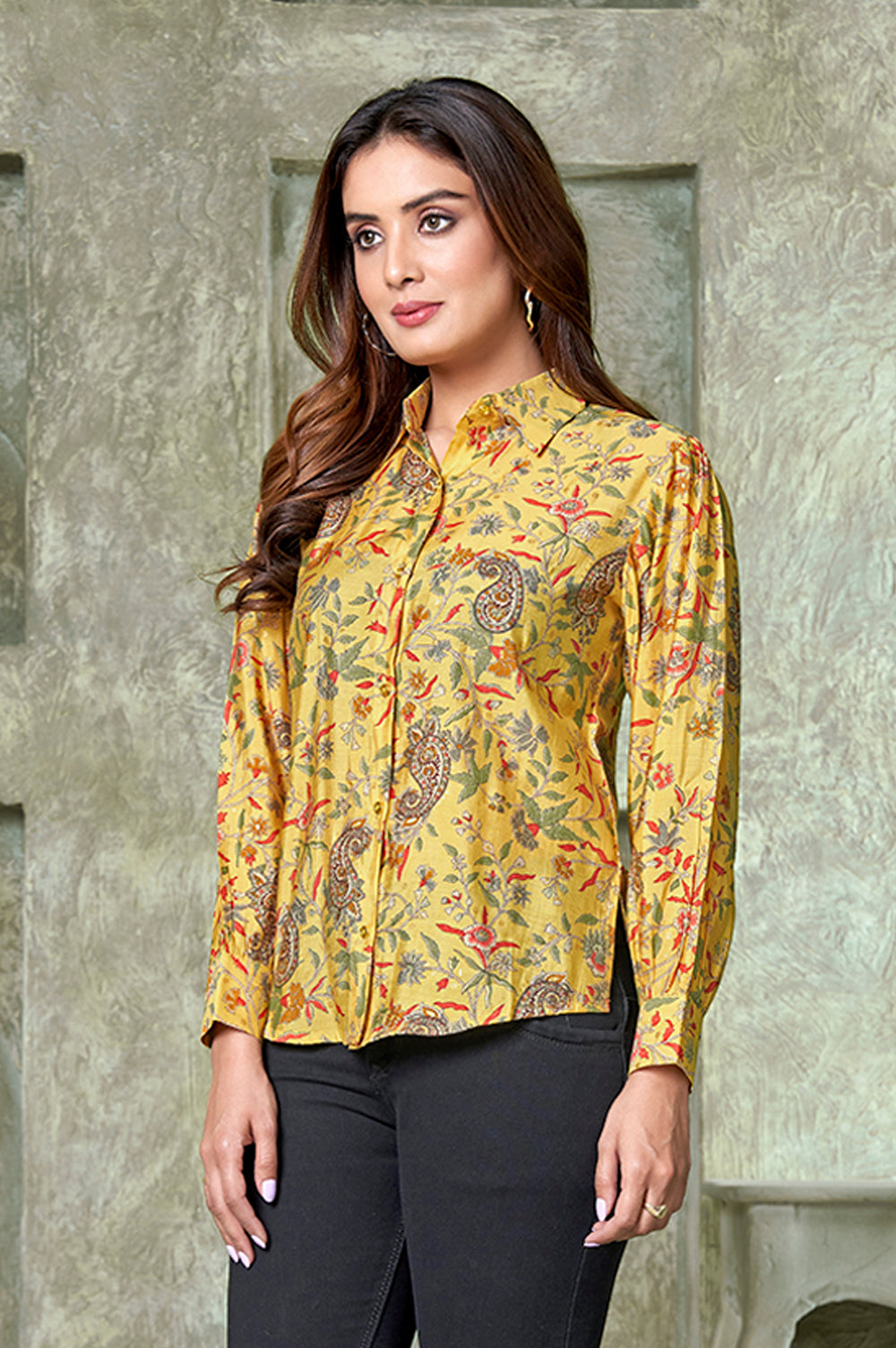 Yellow Paisley Ethnic Print Chanderi Shirt