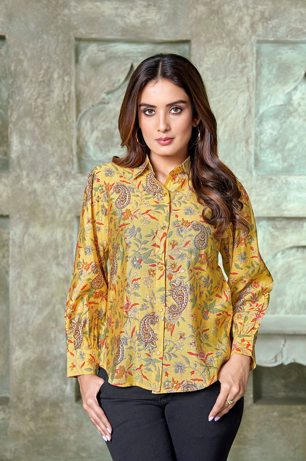 Yellow Paisley Ethnic Print Chanderi Shirt