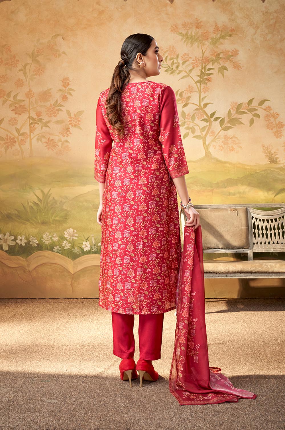 Maroon Floral Embroidered Kurta Set and Dupatta
