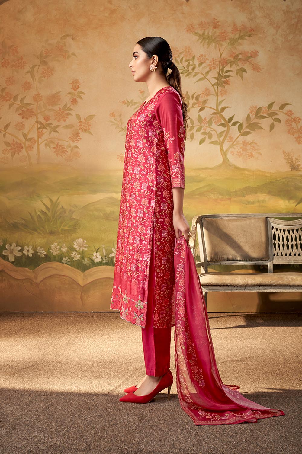 Maroon Floral Embroidered Kurta Set and Dupatta