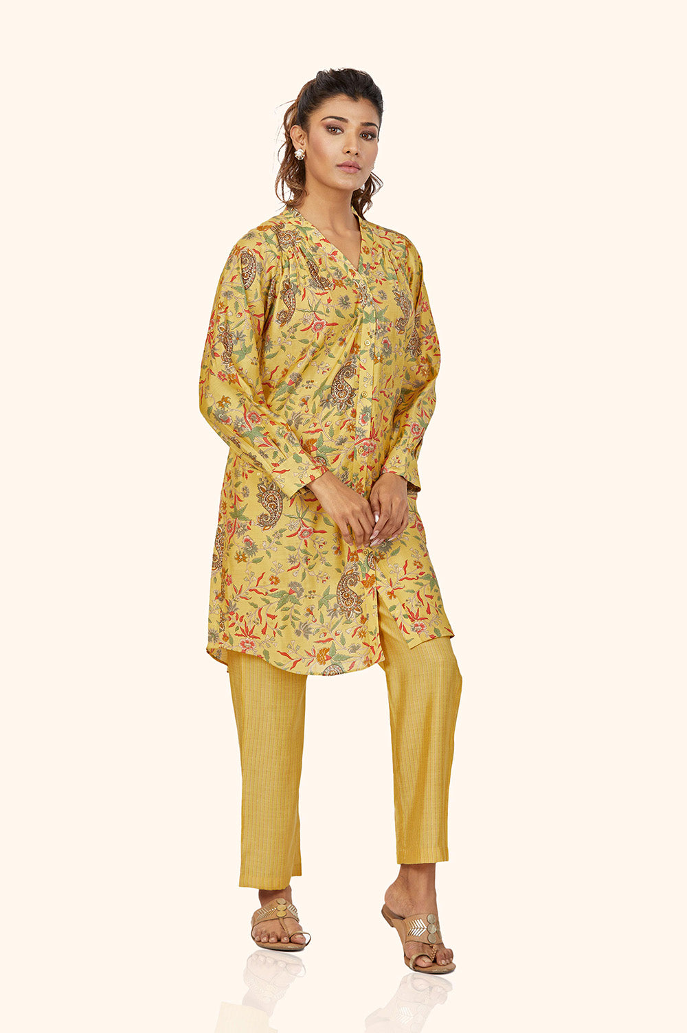 Yellow Foil Print Chanderi Co-ord Set