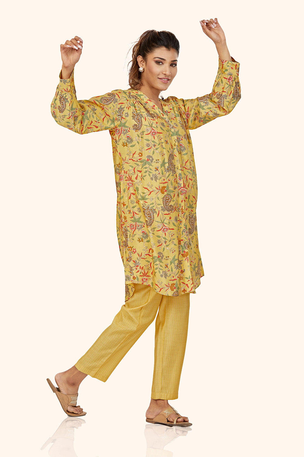 Yellow Foil Print Chanderi Co-ord Set
