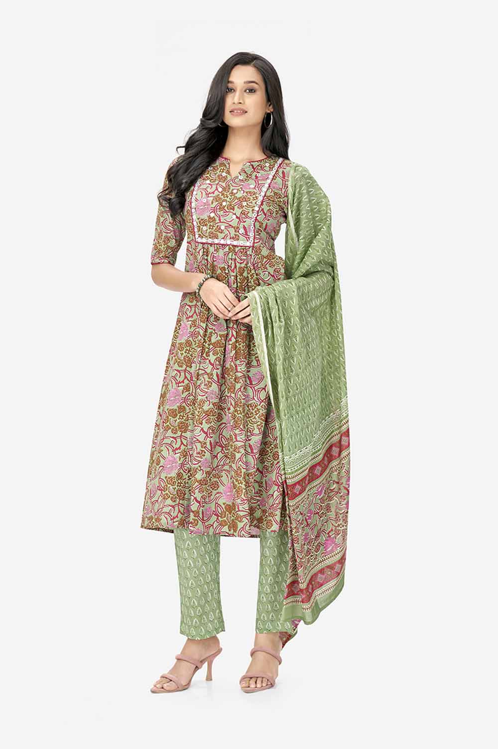 Green Floral Print Cotton A-line Kurta Set With Dupatta