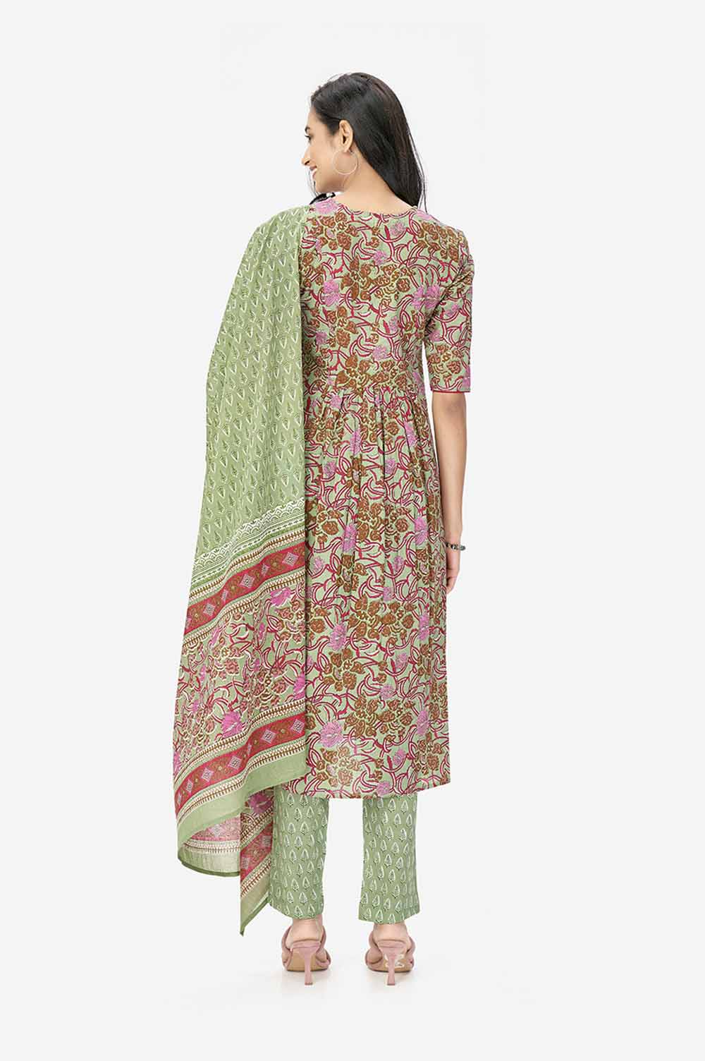 Green Floral Print Cotton A-line Kurta Set With Dupatta