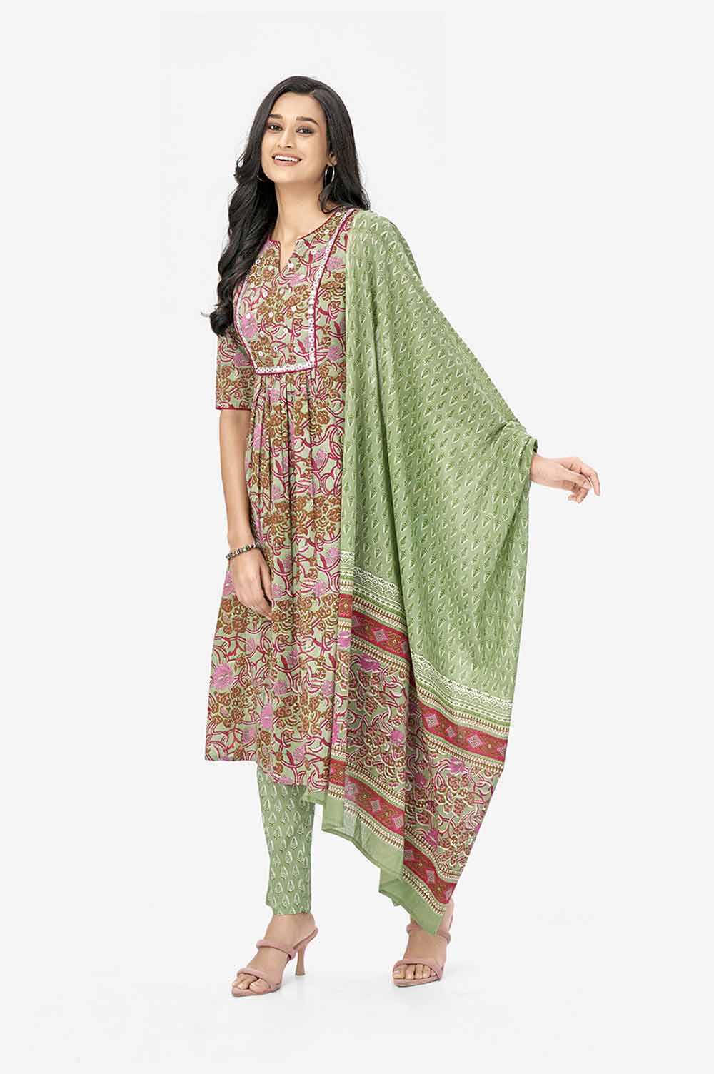 Green Floral Print Cotton A-line Kurta Set With Dupatta