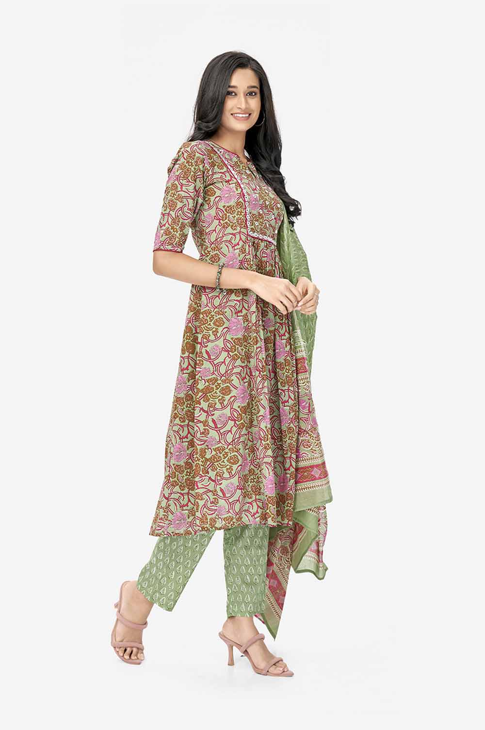 Green Floral Print Cotton A-line Kurta Set With Dupatta
