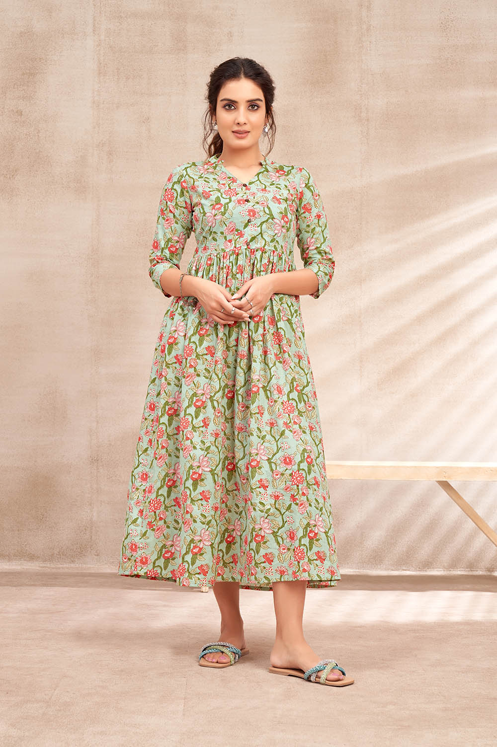 Cotton Green Floral Dress