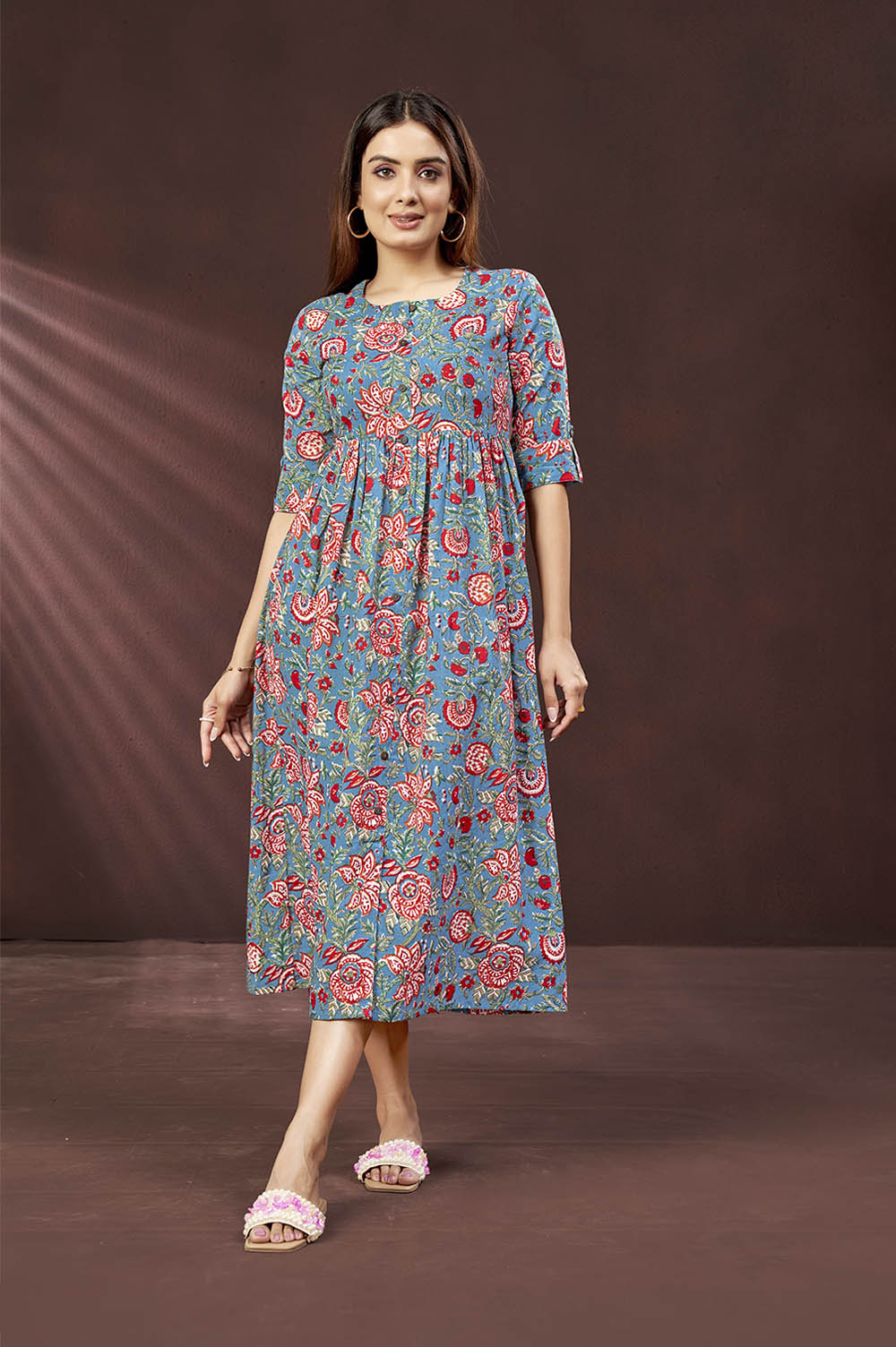 Cotton Button-Down Blue Long Dress