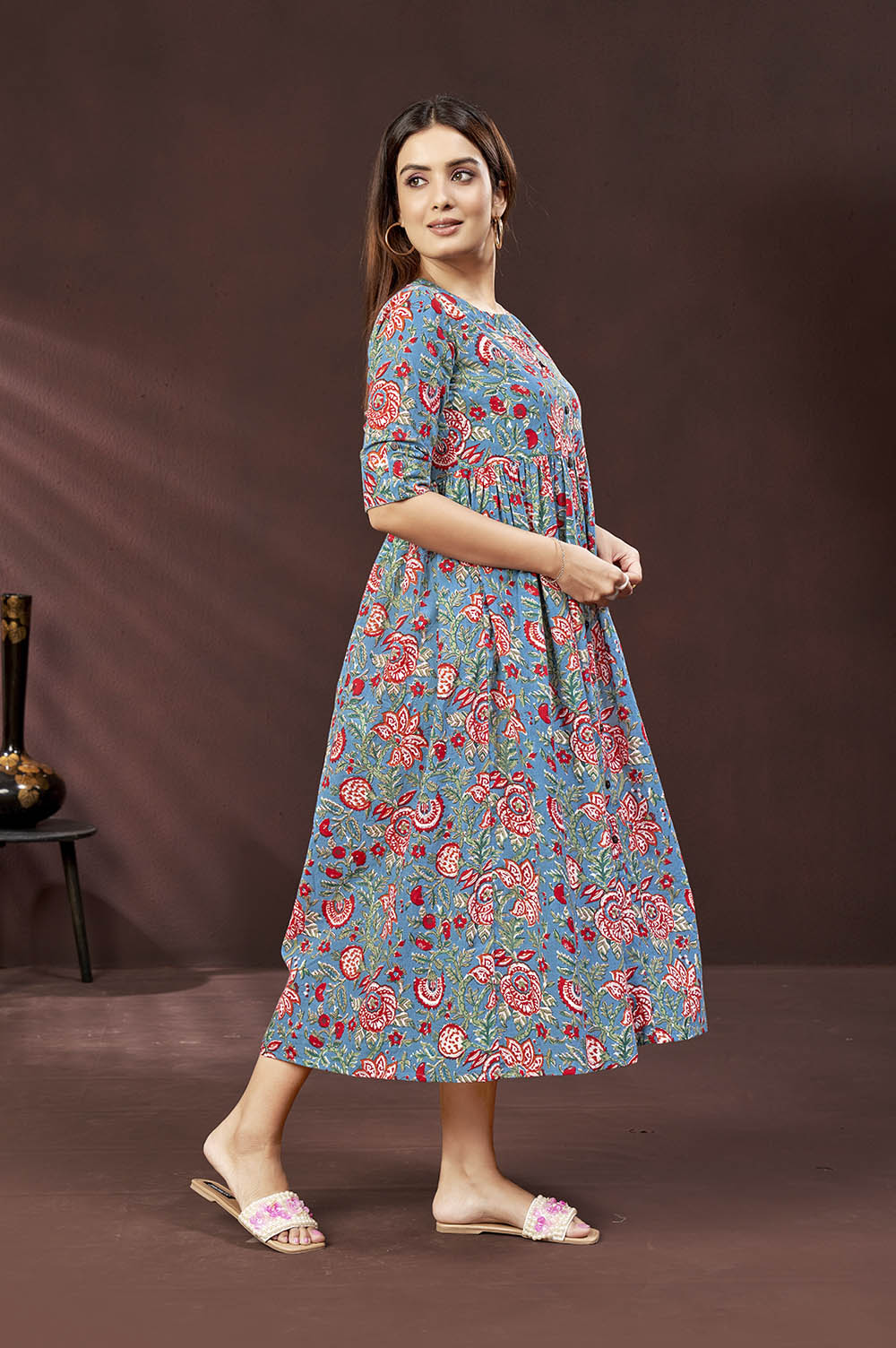 Cotton Button-Down Blue Long Dress