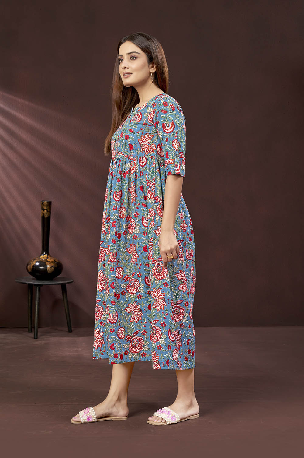 Cotton Button-Down Blue Long Dress