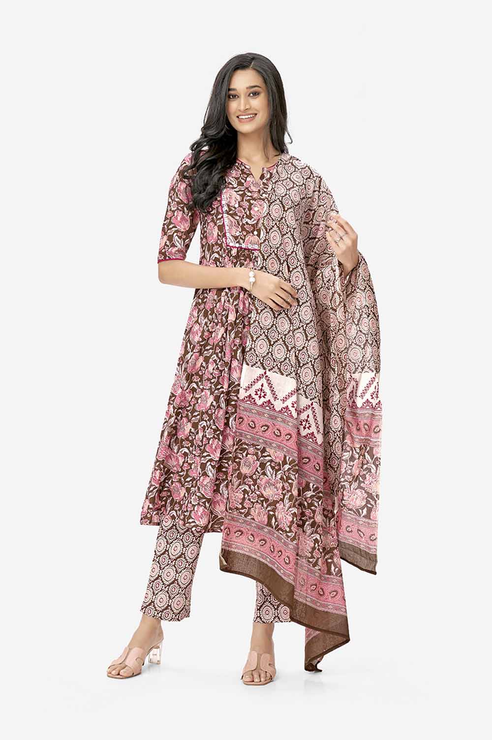Maroon Floral Print A-line Kurta Set With Dupatta