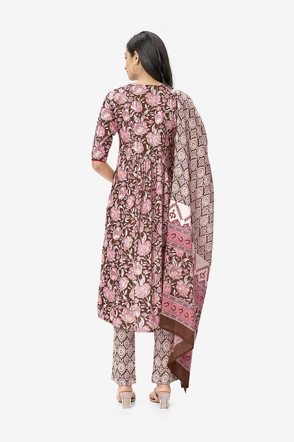 Maroon Floral Print A-line Kurta Set With Dupatta