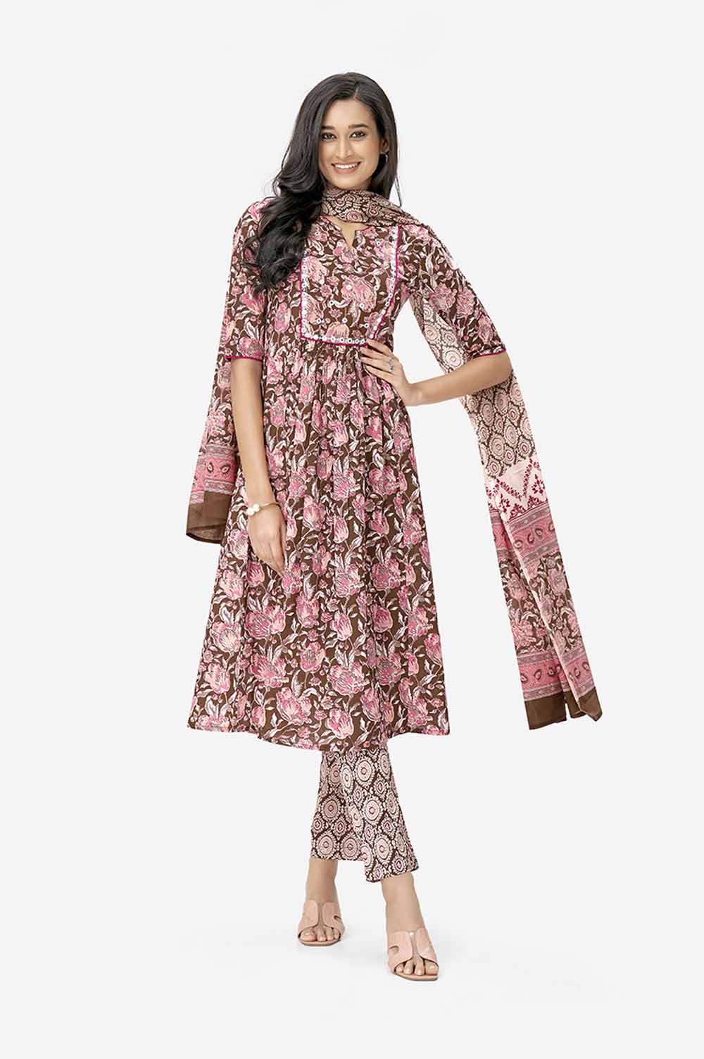 Maroon Floral Print A-line Kurta Set With Dupatta