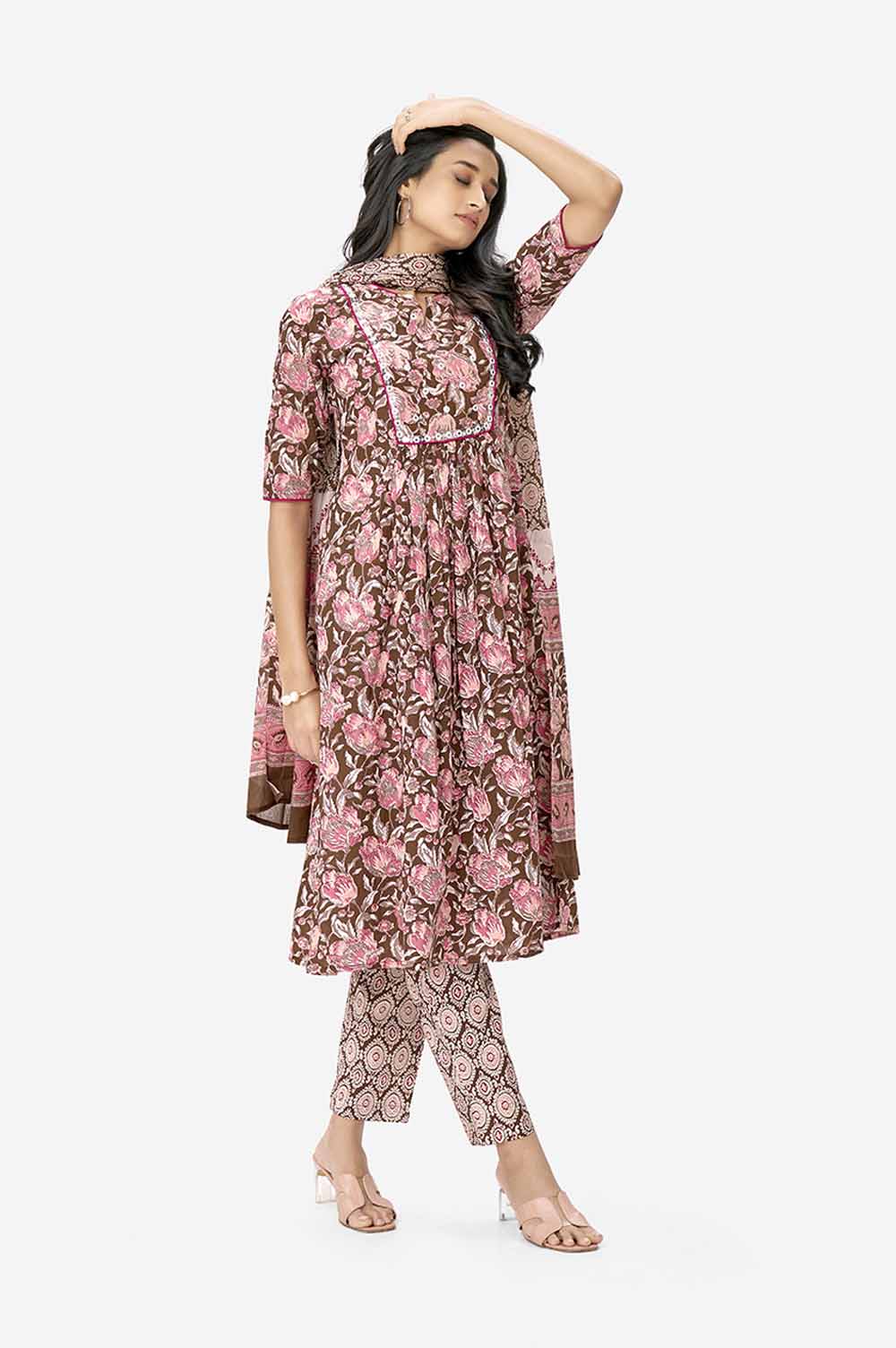 Maroon Floral Print A-line Kurta Set With Dupatta
