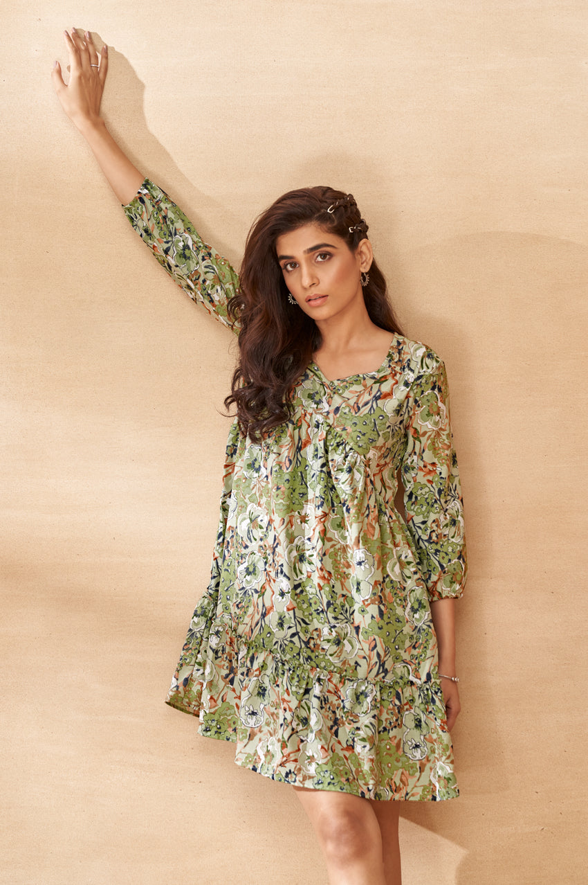 Green Floral V-Neck Mini Dress