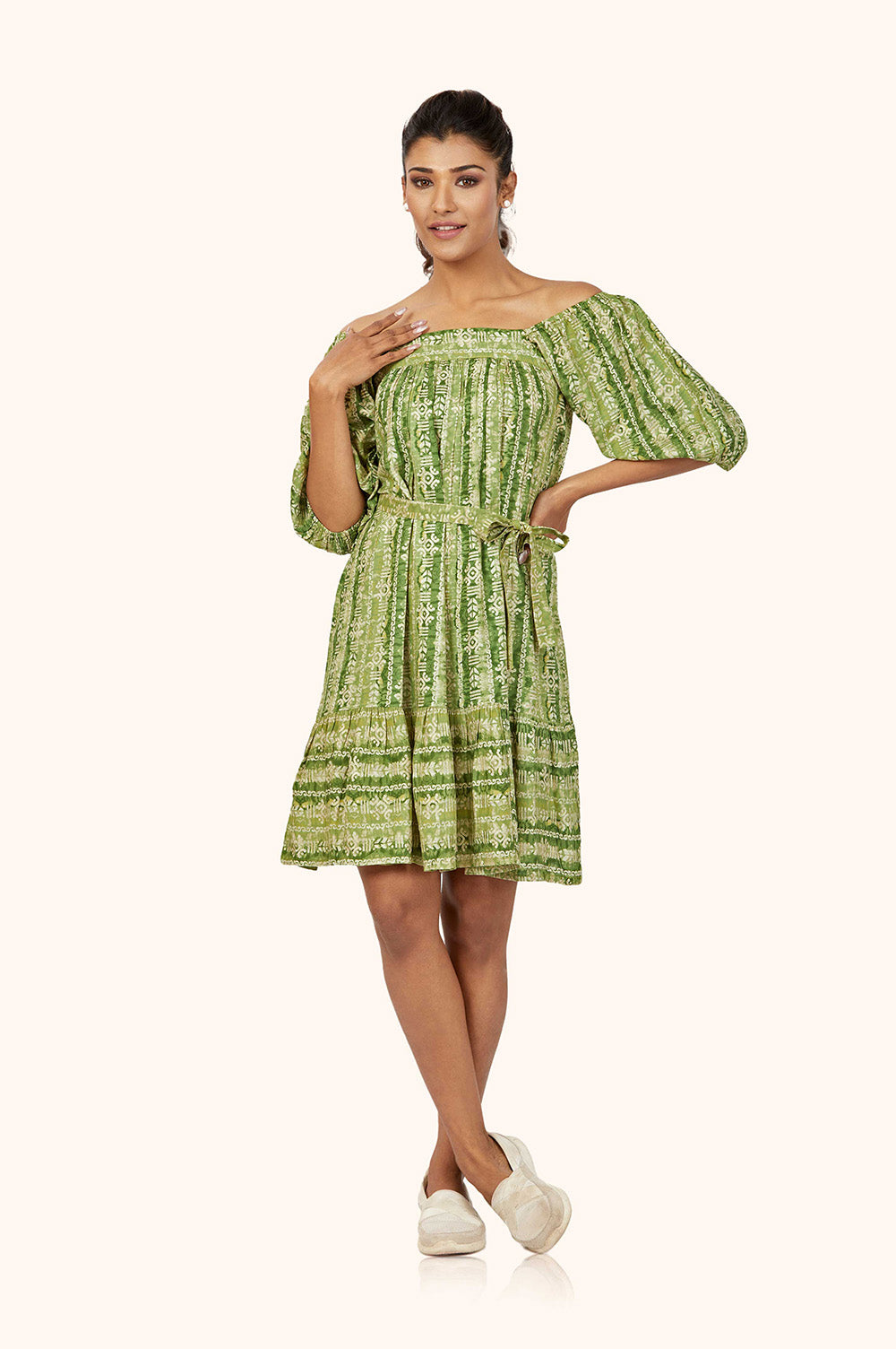 Green Rayon Off-Shoulder Dress
