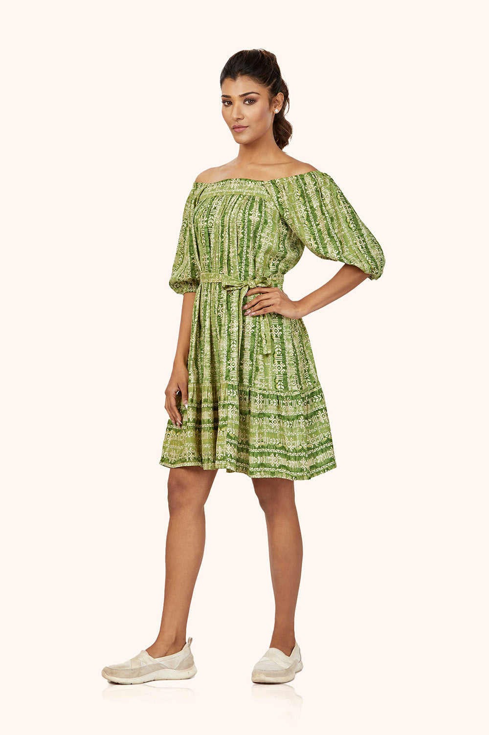 Green Rayon Off-Shoulder Dress
