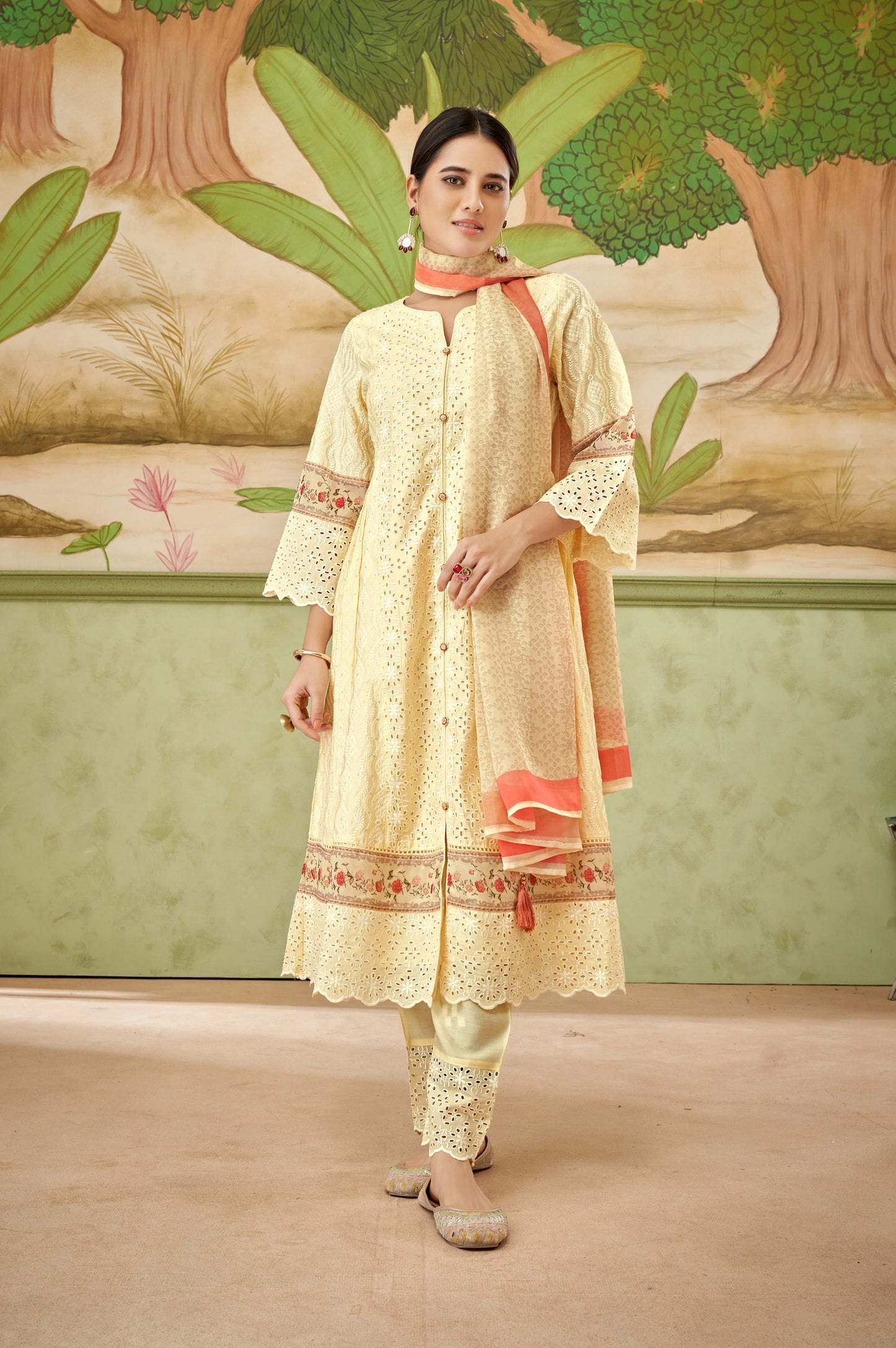 Light Yellow Floral Schiffli Work Kurta Set