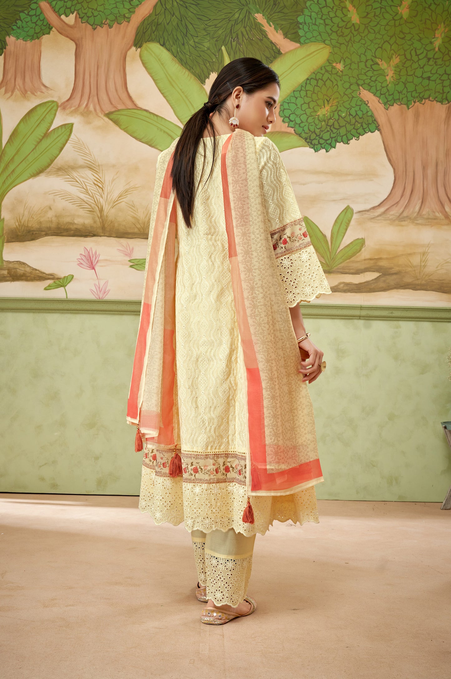 Light Yellow Floral Schiffli Work Kurta Set