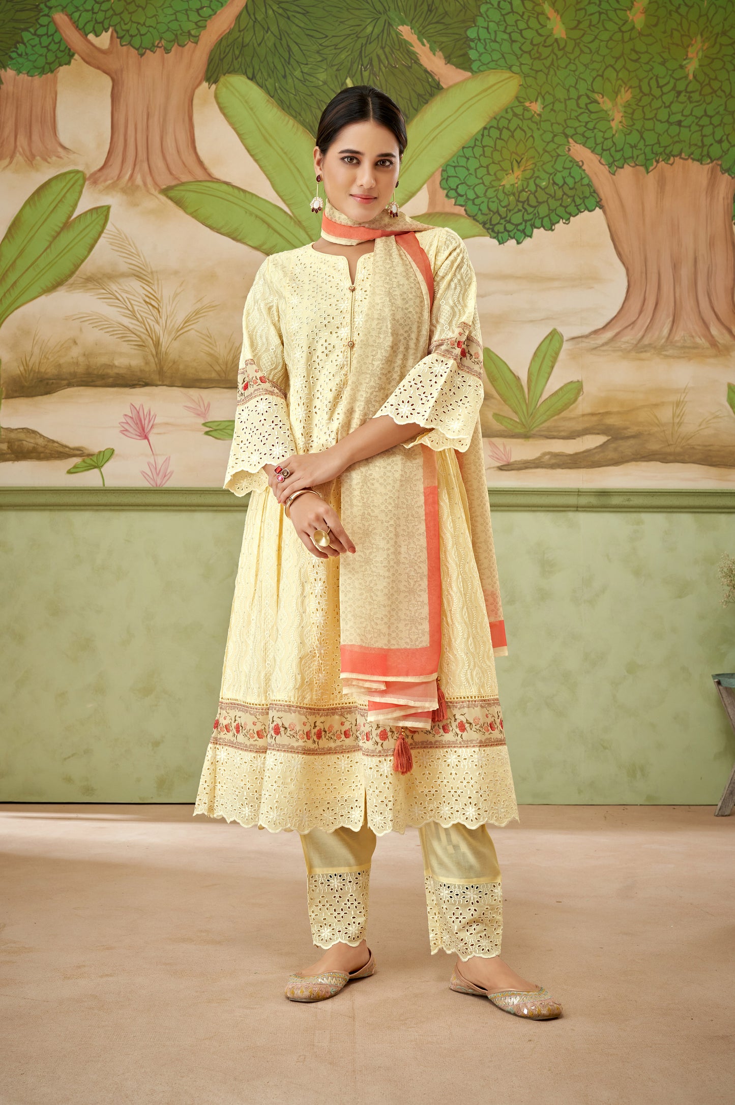 Light Yellow Floral Schiffli Work Kurta Set