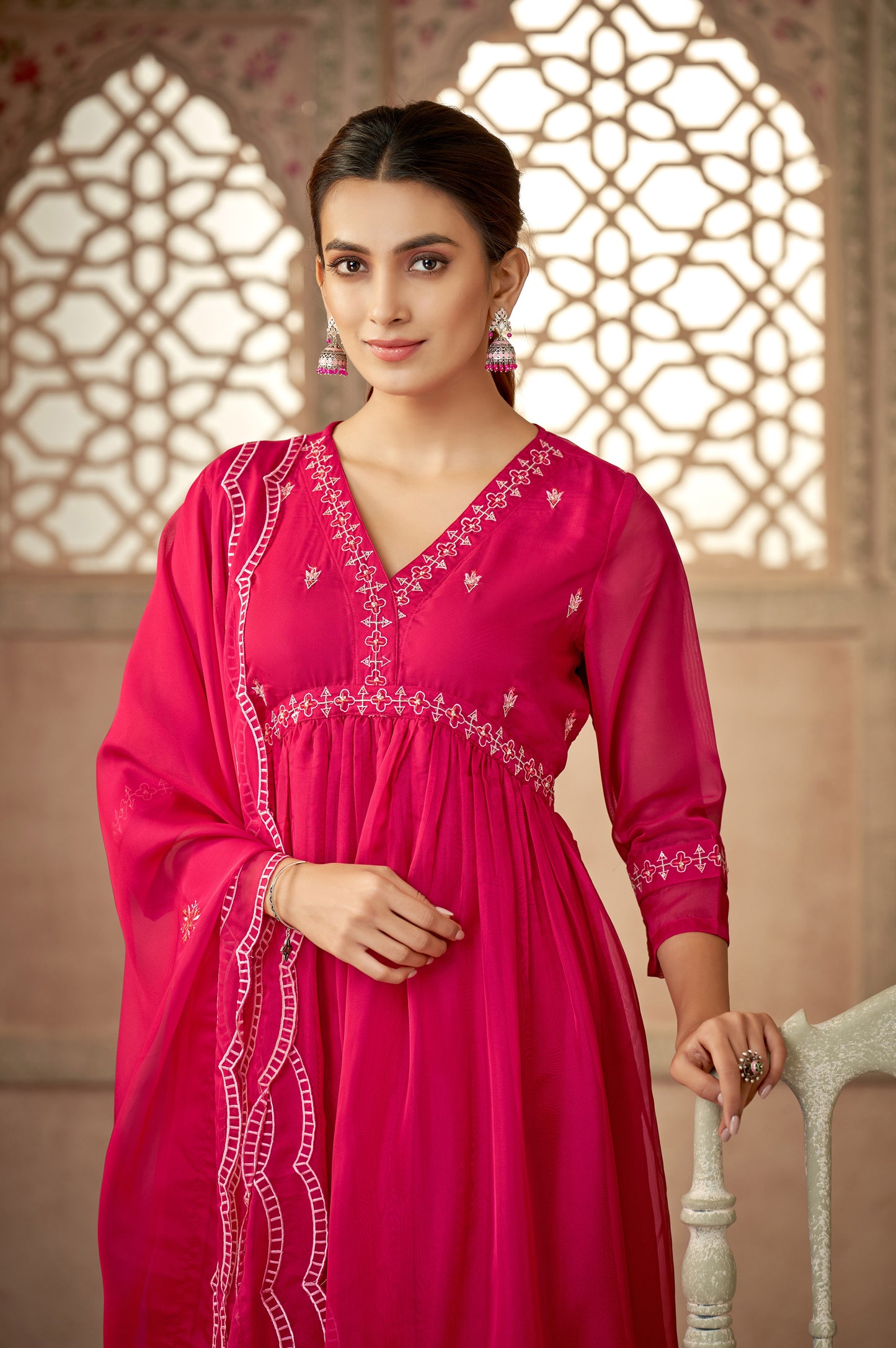 Carnation Bright Pink Embroidered Kurta Set with Dupatta