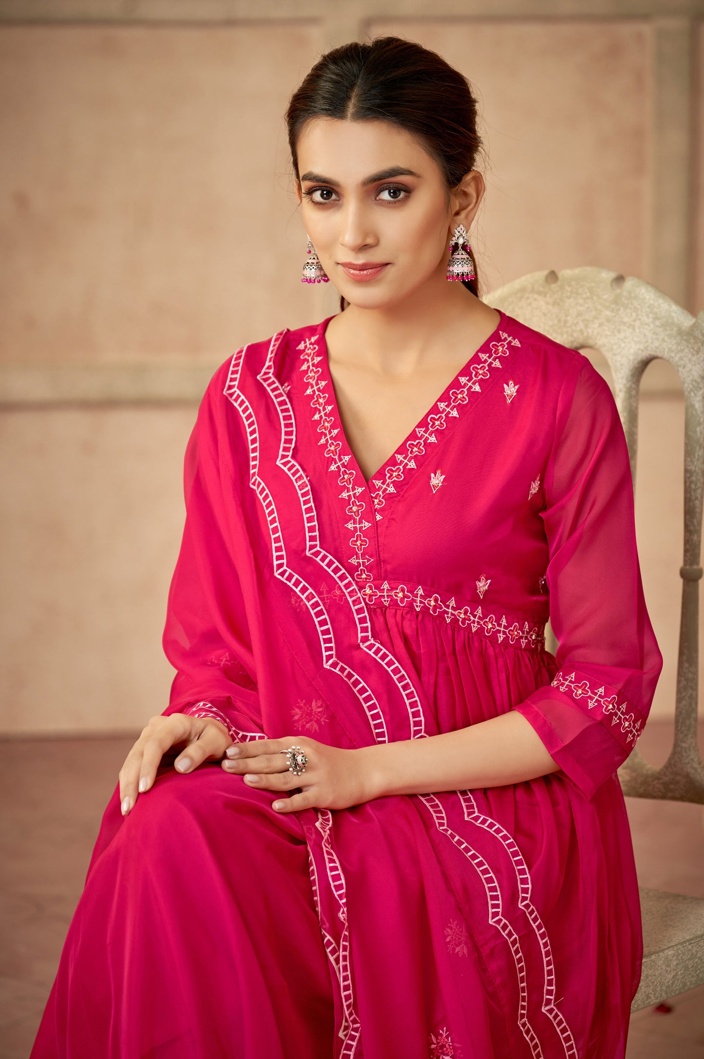 Carnation Bright Pink Embroidered Kurta Set with Dupatta