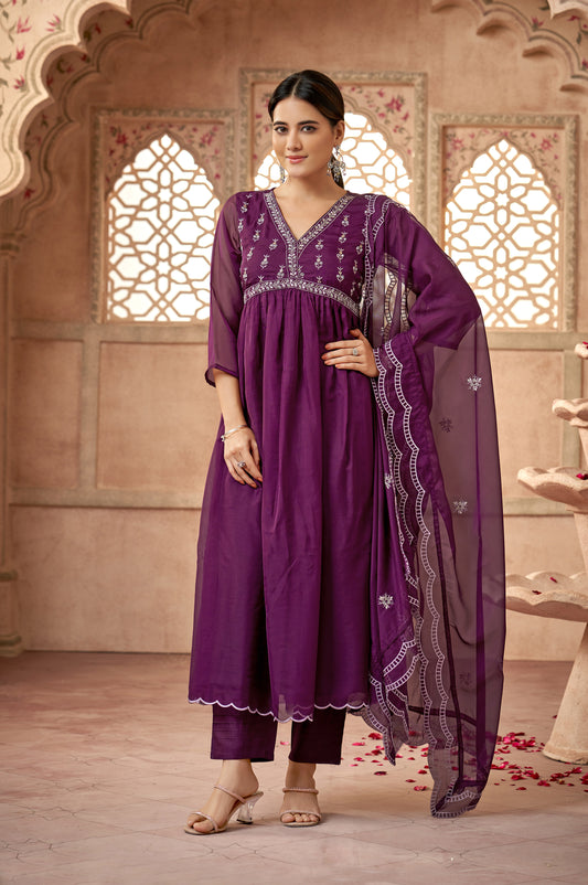 Wine Embroidered Organza Kurta Set with Dupatta