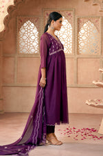 Wine Embroidered Organza Kurta Set with Dupatta