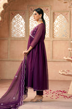Wine Embroidered Organza Kurta Set with Dupatta