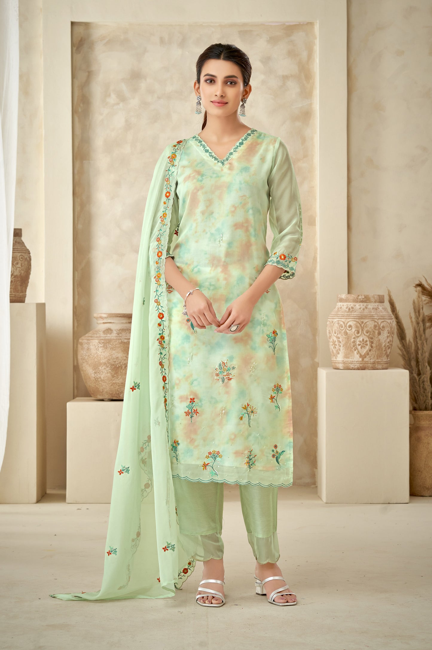 Pista Green Floral Embroidered Kurta Set With Dupatta