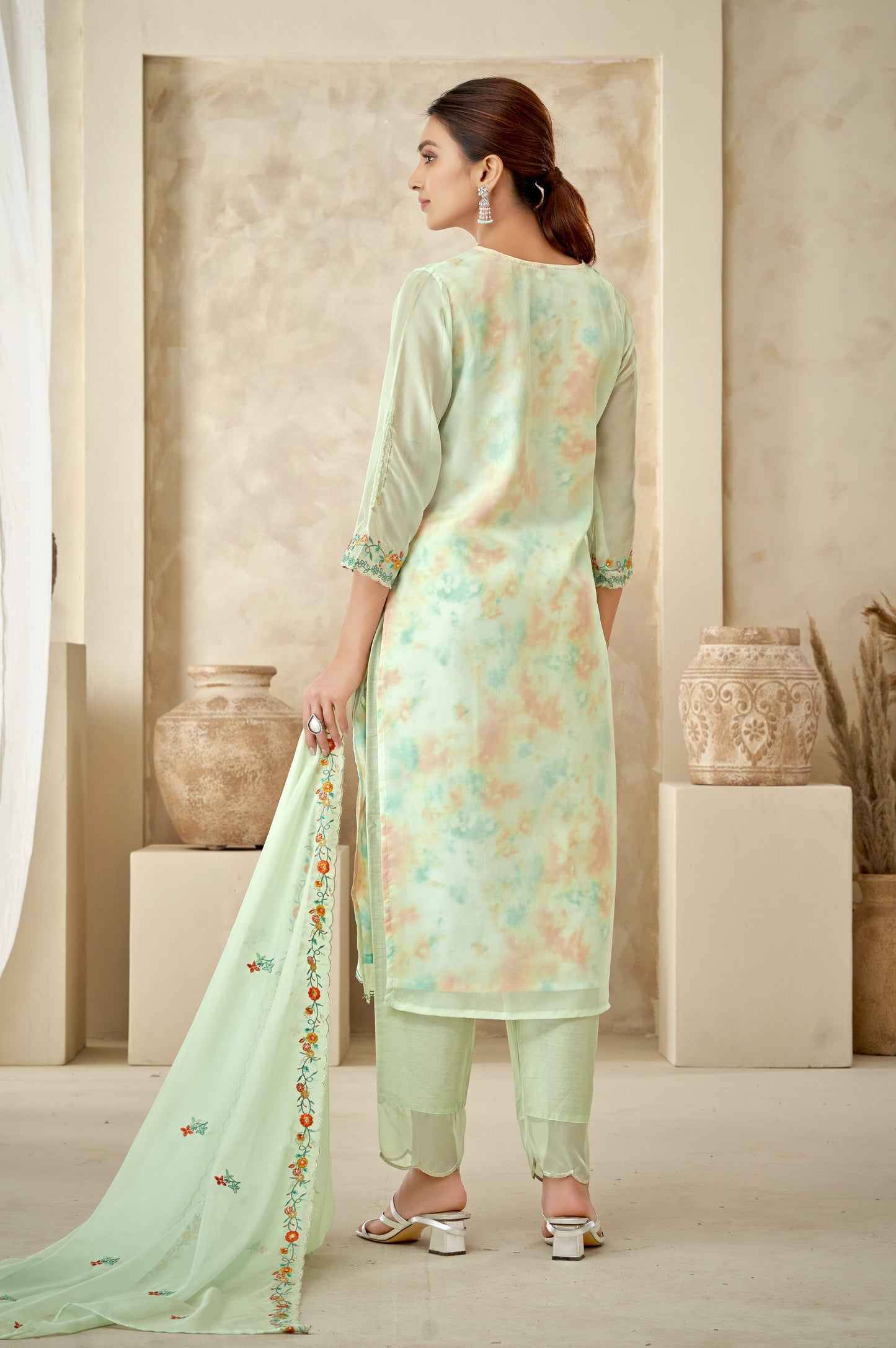 Pista Green Floral Embroidered Kurta Set With Dupatta