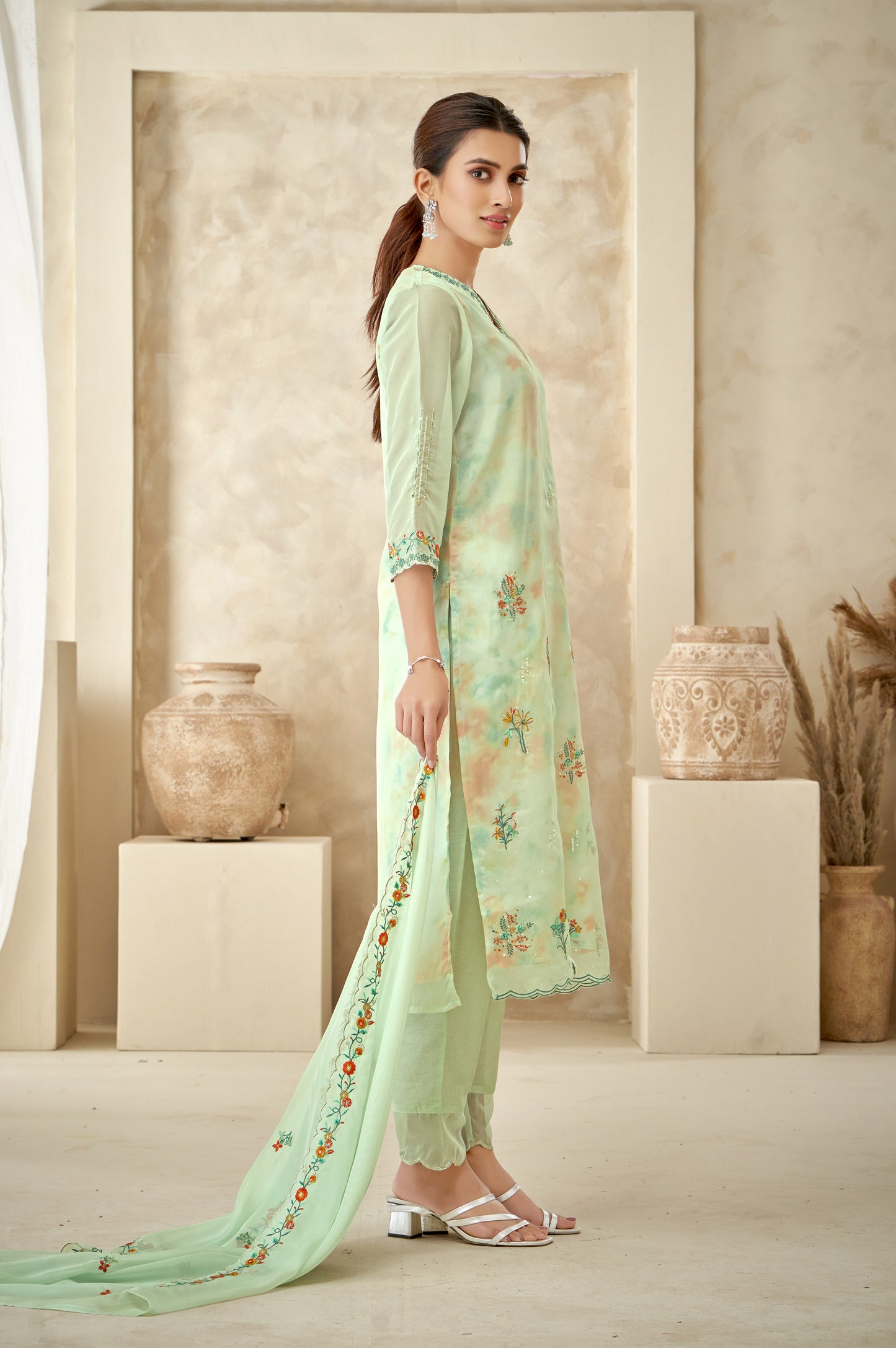 Pista Green Floral Embroidered Kurta Set With Dupatta