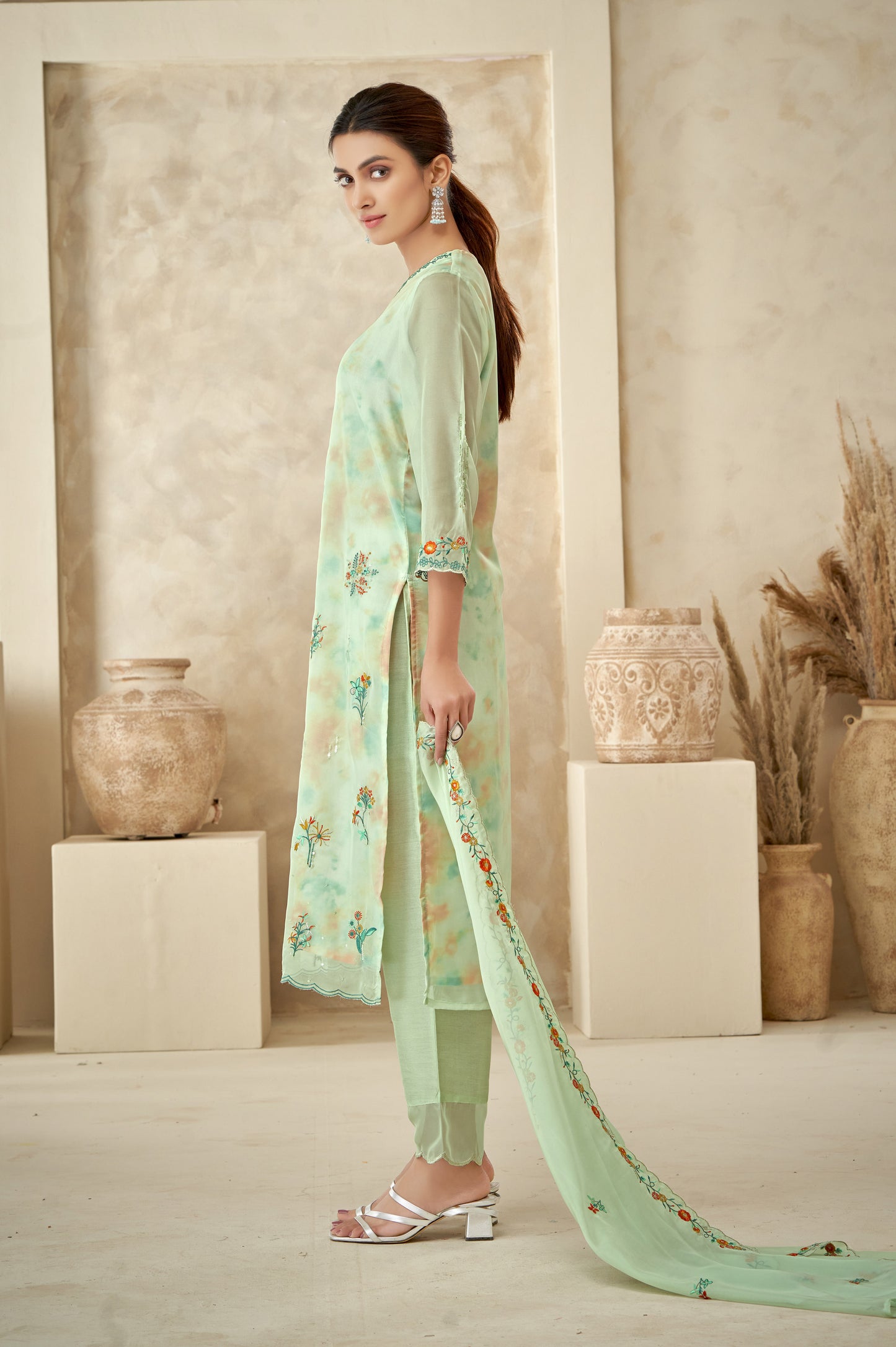 Pista Green Floral Embroidered Kurta Set With Dupatta