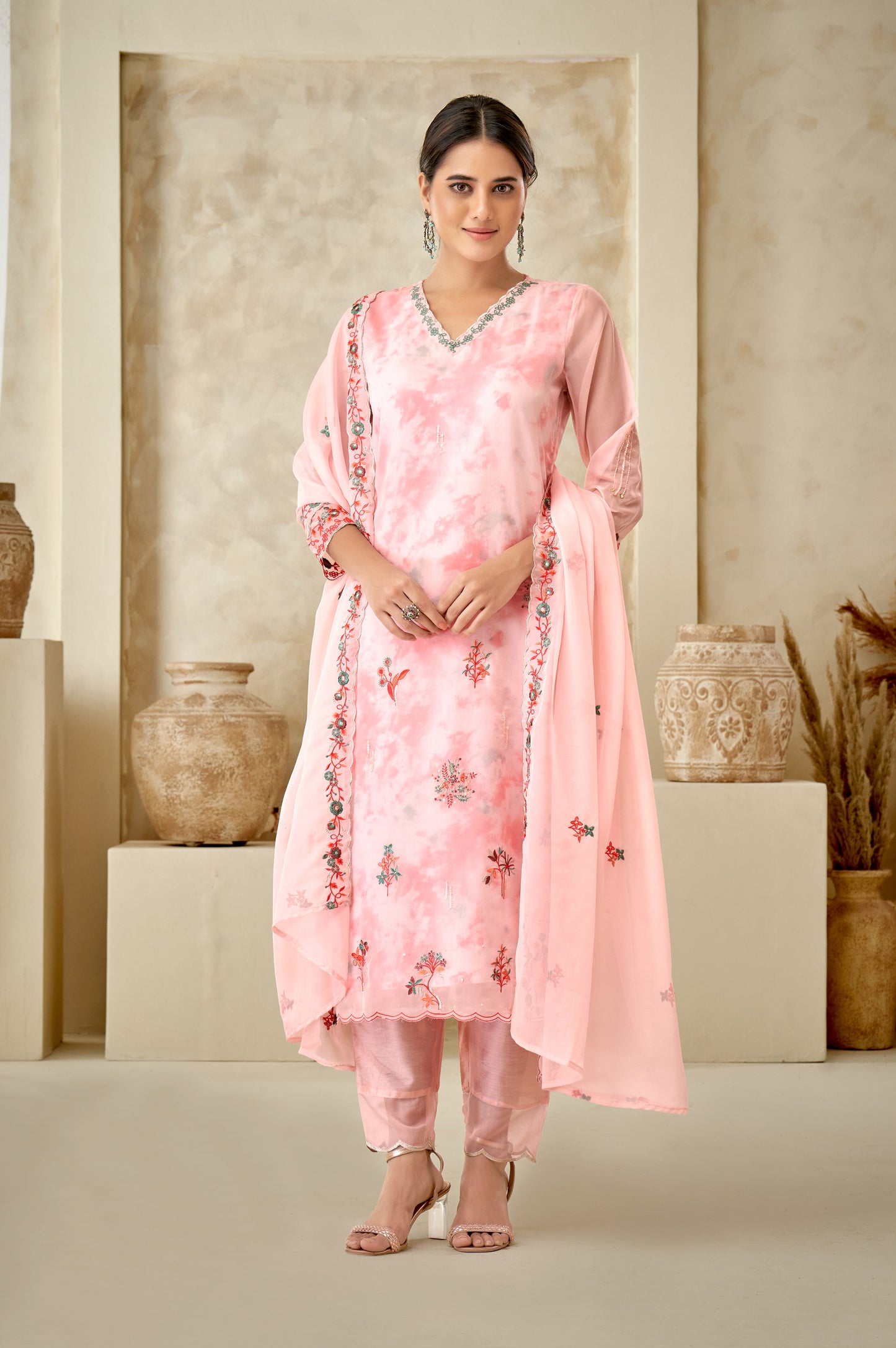 Peach Floral Kurta Set With Dupatta
