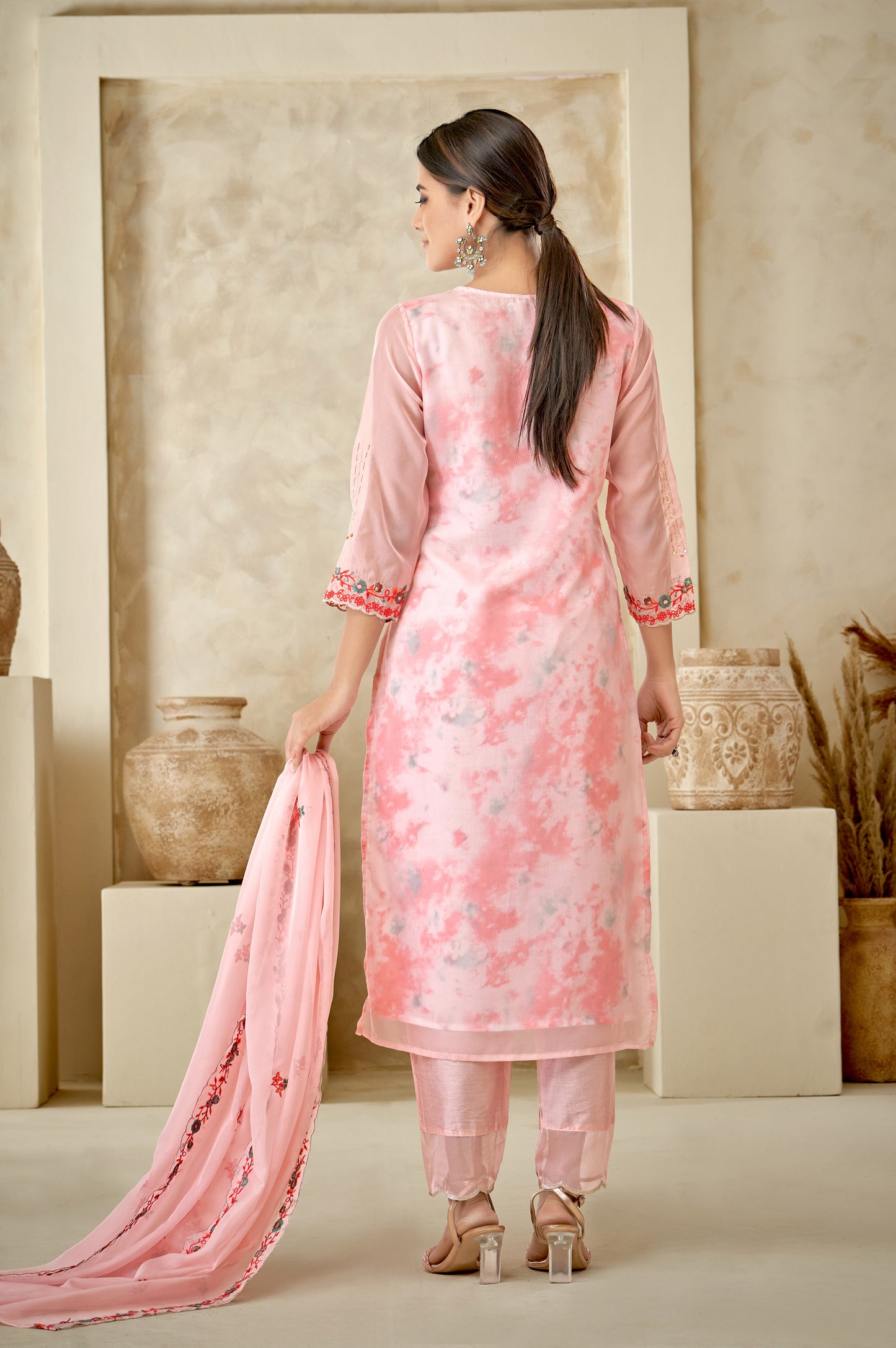 Peach Floral Kurta Set With Dupatta