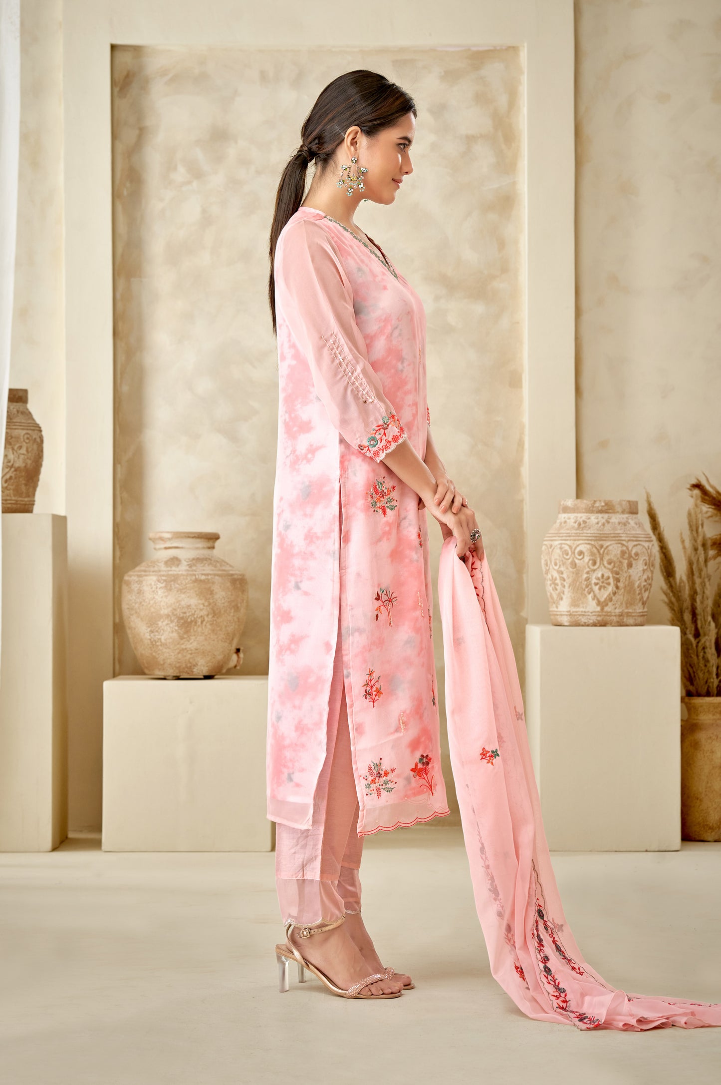 Peach Floral Kurta Set With Dupatta