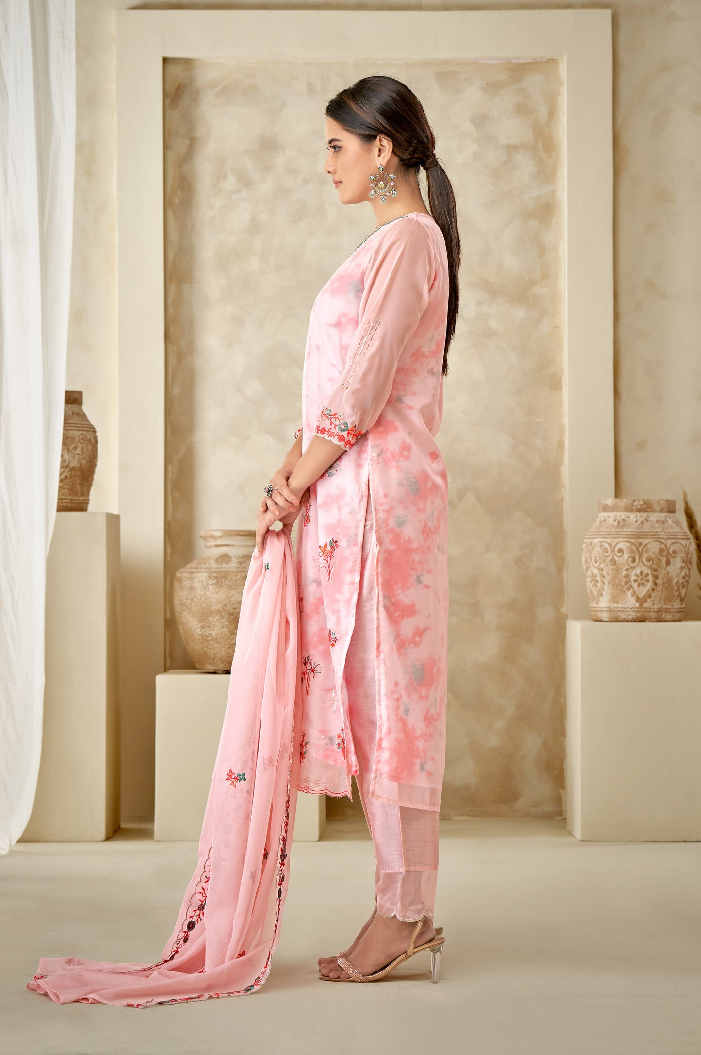 Peach Floral Kurta Set With Dupatta