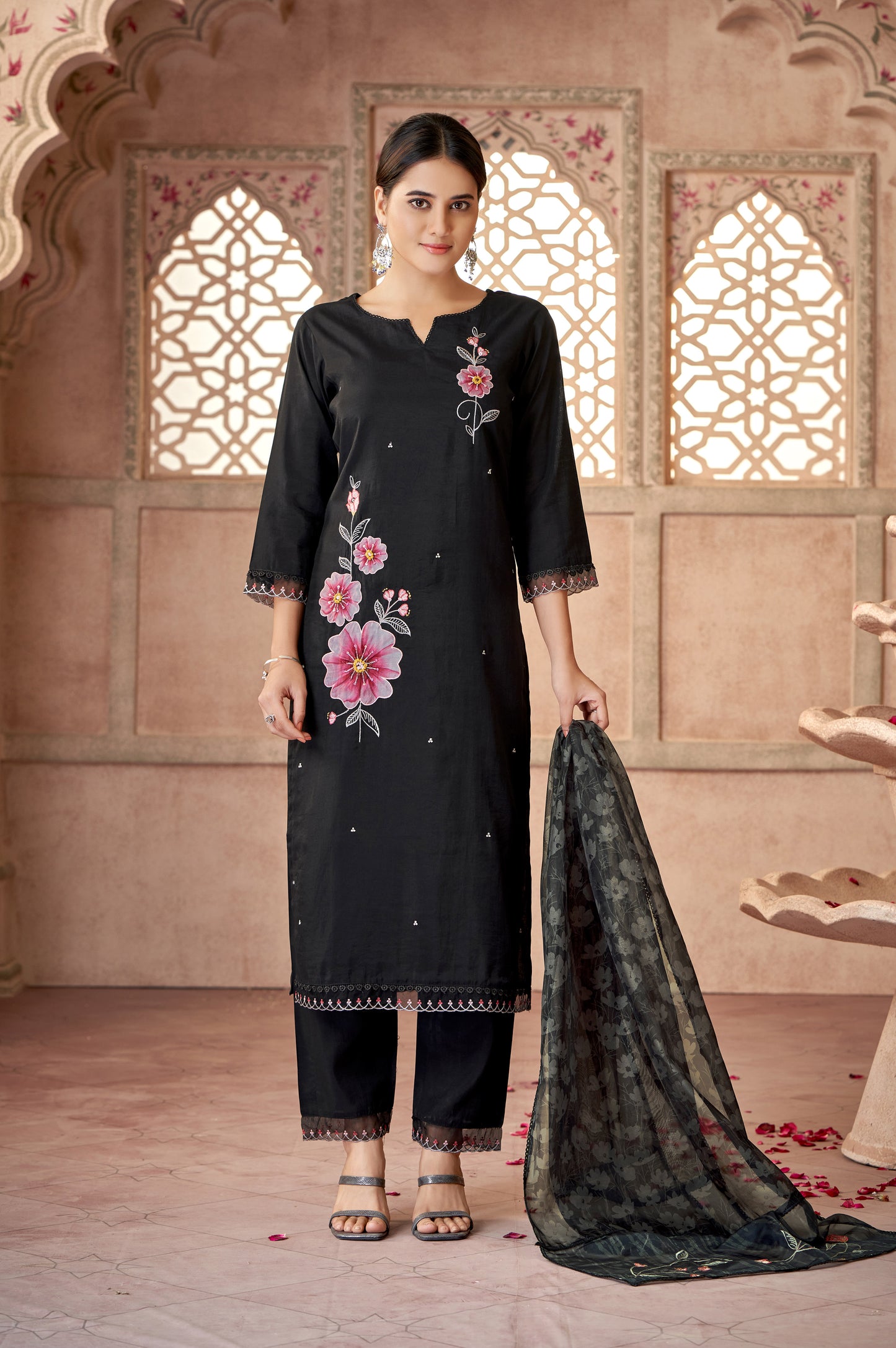 Black Floral Applique Work Kurta Set