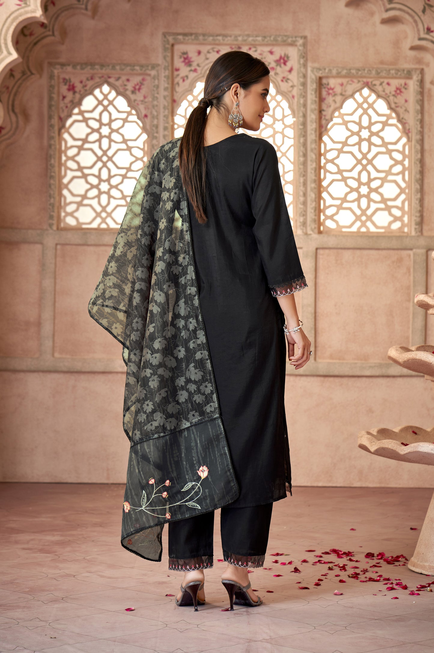 Black Floral Applique Work Kurta Set