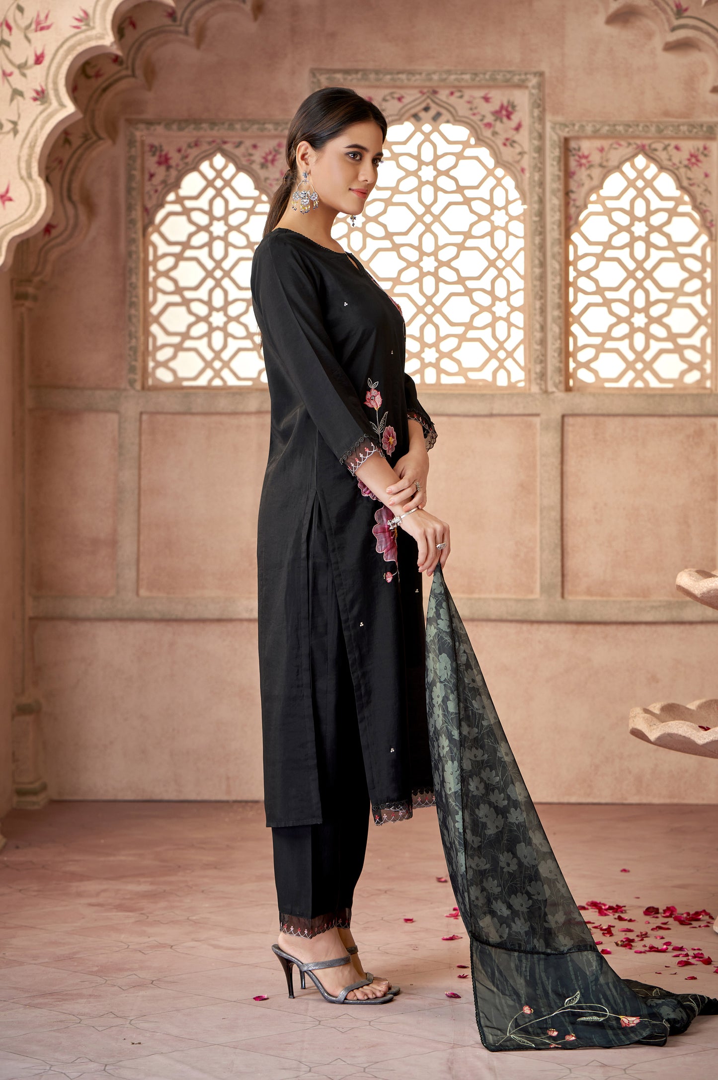 Black Floral Applique Work Kurta Set
