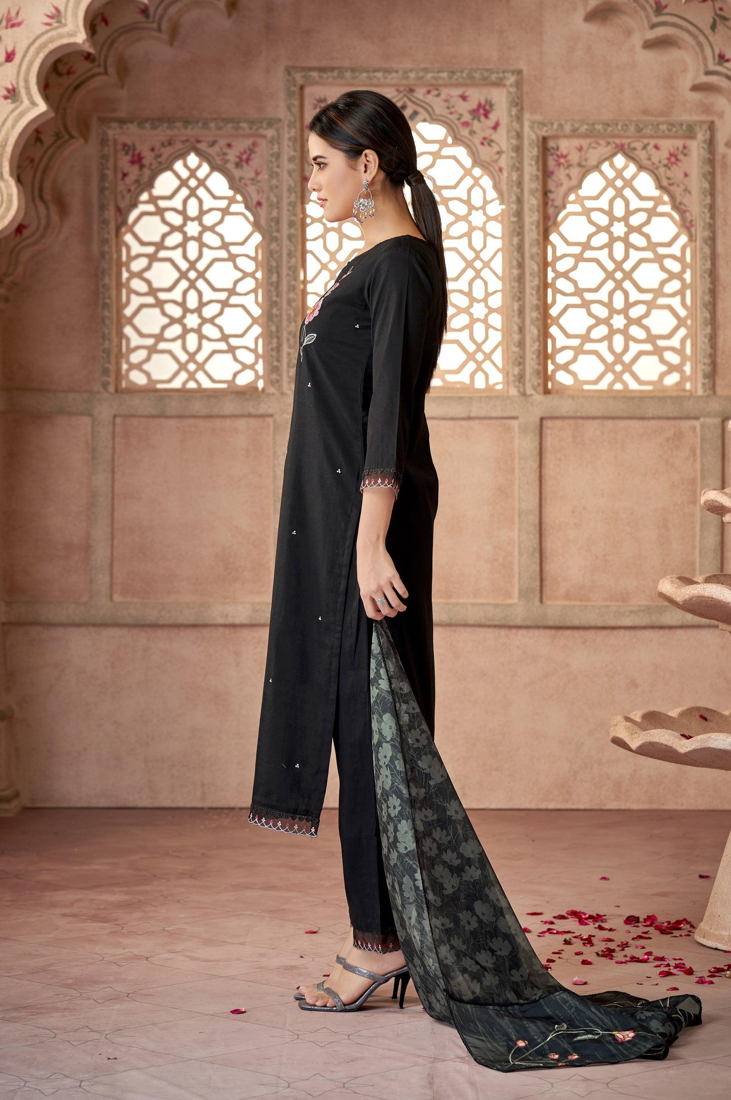 Black Floral Applique Work Kurta Set
