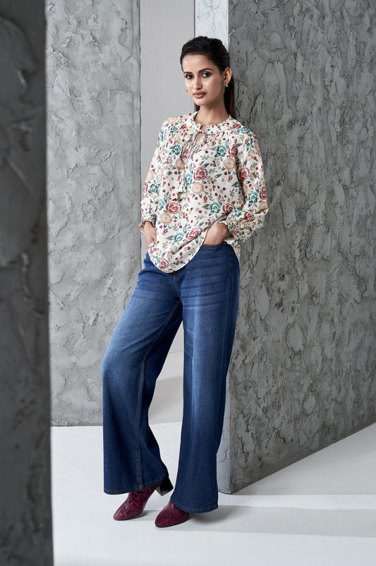 Off White Floral Print Regular Fit Muslin Top