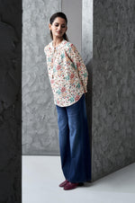Off White Floral Print Regular Fit Muslin Top