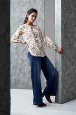 Off White Floral Print Regular Fit Muslin Top