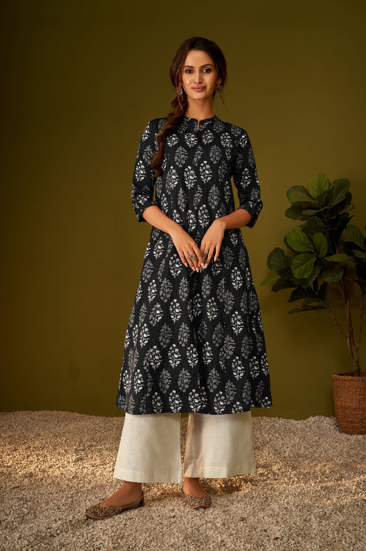 Black Kantha Print Cotton A-line Kurta