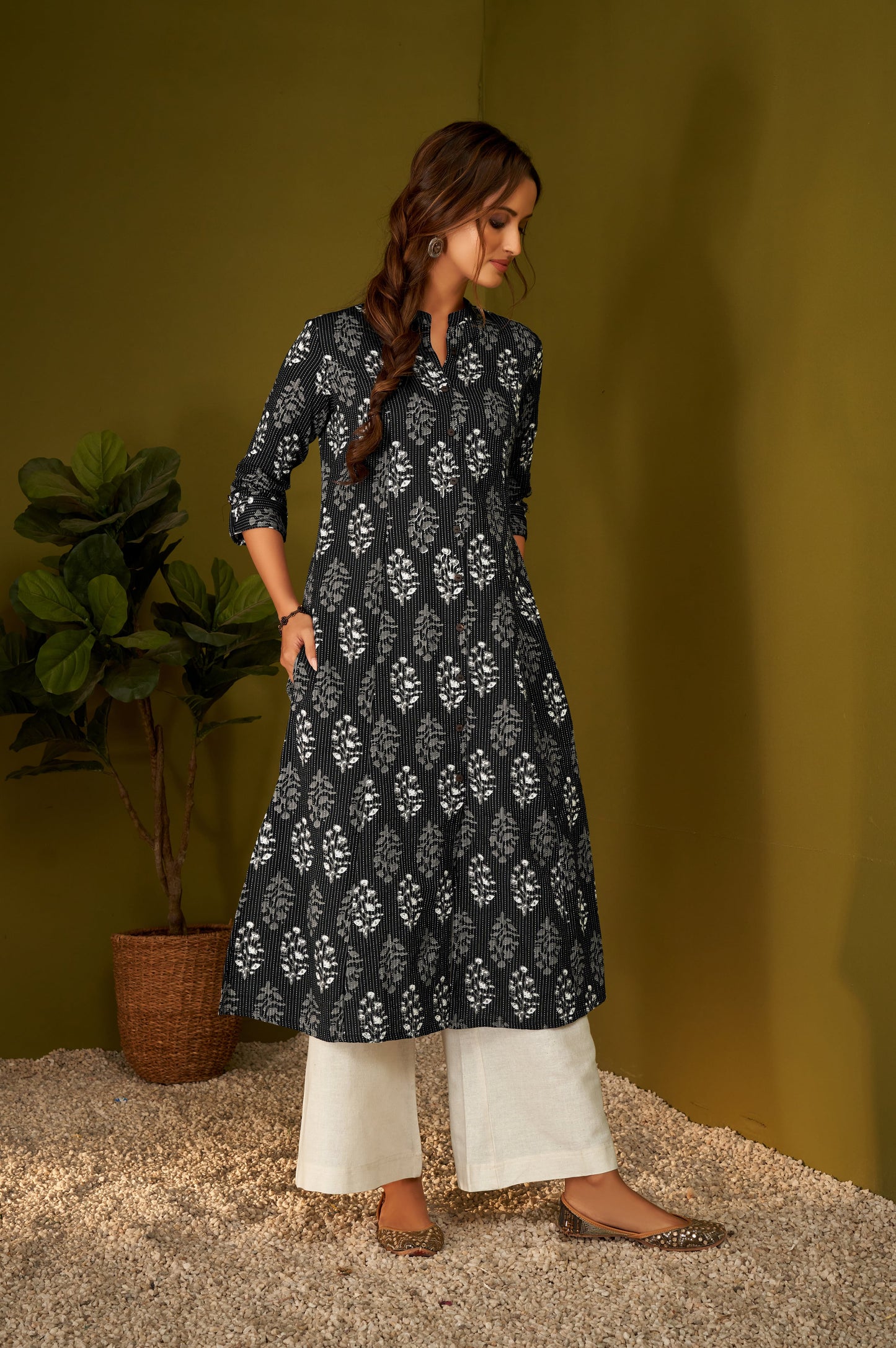 Black Kantha Print Cotton A-line Kurta