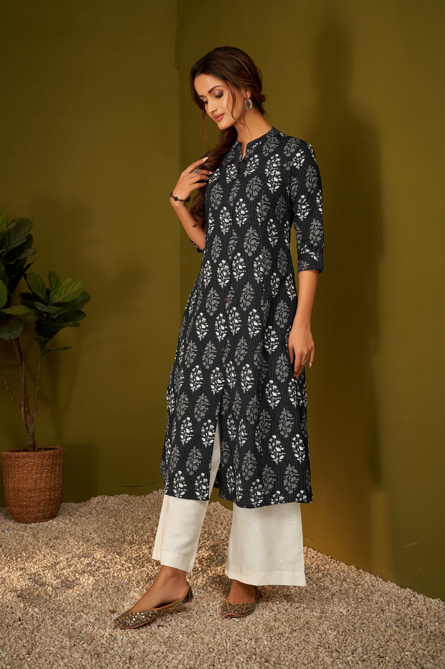 Black Kantha Print Cotton A-line Kurta