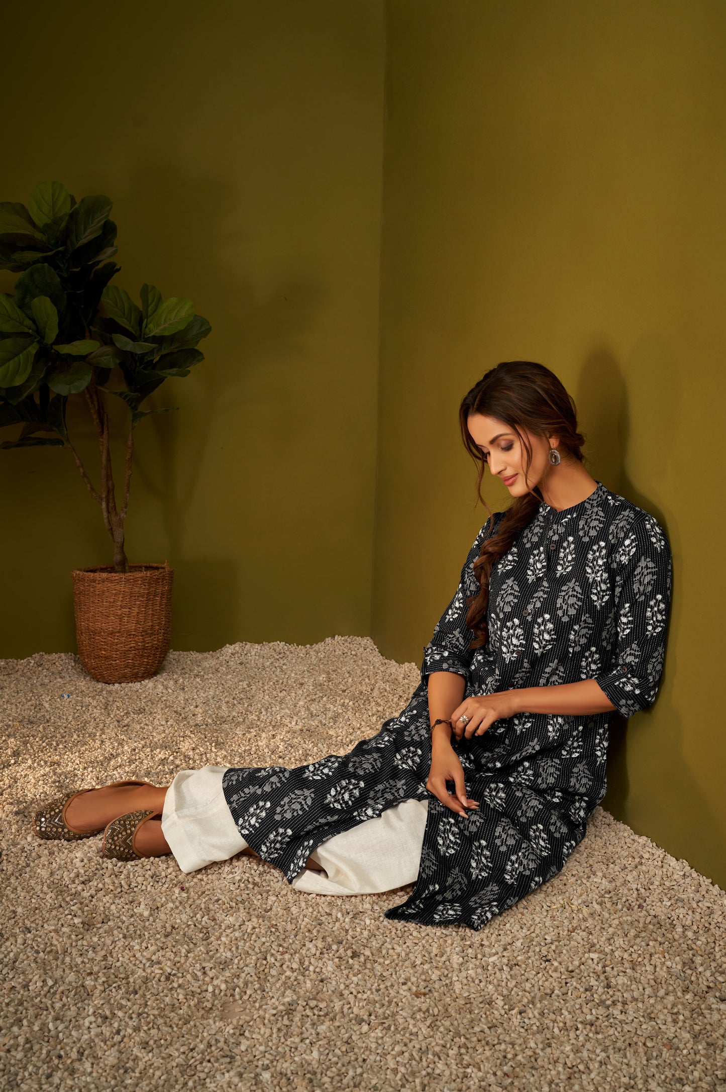 Black Kantha Print Cotton A-line Kurta